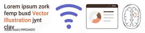 Technology, data analysis, wireless communication, brain studies, internet connectivity, digital diagnostics. wireless symbol, data chart in a browser and a brain schematic. Technology and data
