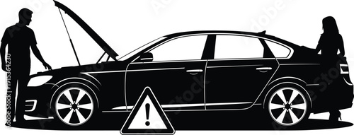 Car breakdown roadside assistance illustration showing man and woman with broken vehicle, warning sign, emergency situation concept, black and white silhouette vector