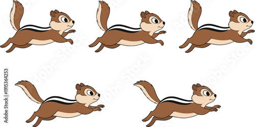 Cartoon chipmunk running animation poses, cute woodland animal character sequence, playful movement illustration set isolated on white background
