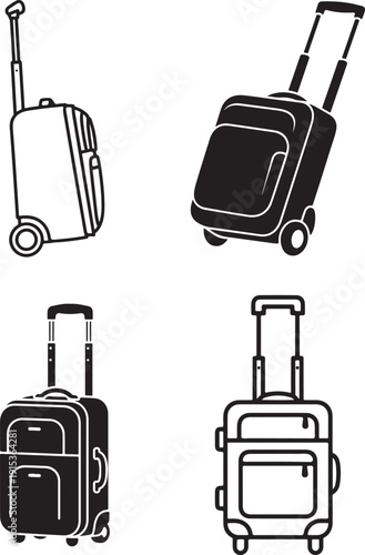 Set of travel suitcases with wheels and handles, various styles for baggage and luggage, essential travel accessories, vacation concept