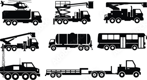 Collection of industrial vehicle silhouettes including crane trucks, tanker truck, scissor lift, armored vehicle, transport bus, trailer and helicopter carrier isolated on white background