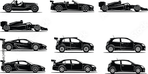 Collection of car silhouettes including sports car, race car, hatchback, sedan and classic vehicle, automotive transport set, black vector illustration isolated on white background