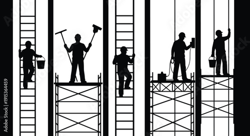 Construction workers silhouettes illustration set showing painters on scaffolding and ladders, industrial maintenance, building renovation, professional labor concept isolated on white background