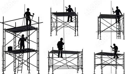 Construction worker silhouettes on scaffolding performing painting and maintenance tasks, industrial labor activity collection, black vector illustration isolated on white background