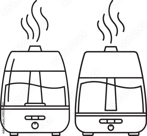 Two Black Outline Humidifiers Emitting Steam, Minimalist Vector Illustration of Home Air Quality Devices