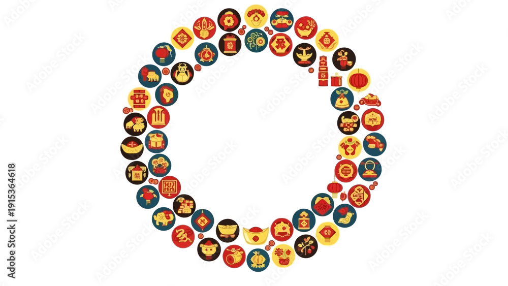 Fototapeta premium Colorful circular arrangement of diverse icons forming a ring on a plain white background from a straightforward viewpoint