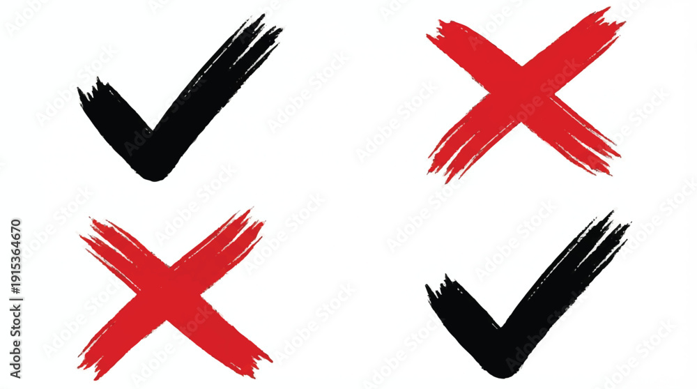 Fototapeta premium Brush stroke checkmark and cross symbols in red and black on white background