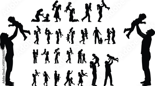 Family silhouettes collection showing parents playing with children, happy parenting moments, love and bonding concept, black and white vector character illustration set