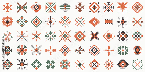 Aztec ethnic motif vector set with Native American geometric patterns, colorful Mexican tribal art elements for logo design, tattoo inspiration, fabric print, textile decoration.