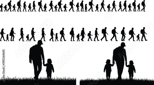 Family walking silhouettes collection with parents and children, parenting and togetherness concept, people figures illustration set, black vector isolated on white background