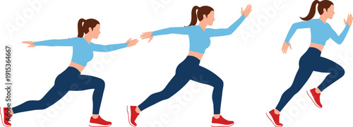 Female running animation poses illustration, athletic woman sprint movement sequence, fitness and sports character motion design isolated on white background