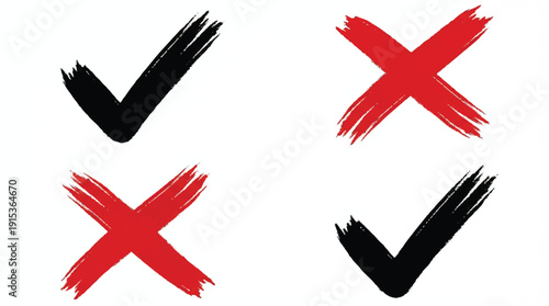 Brush stroke checkmark and cross symbols in red and black on white background