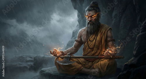 Realistic Lord Parashurama Meditation in Cave – Spiritual Hindu Art