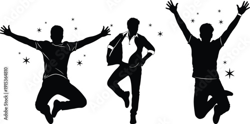 Happy young men jumping silhouettes showing celebration, success and excitement concept, black and white vector illustration