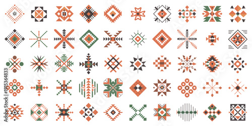 Aztec ethnic motif vector set with Native American geometric patterns, colorful Mexican tribal art elements for logo design, tattoo inspiration, fabric print, textile decoration.
