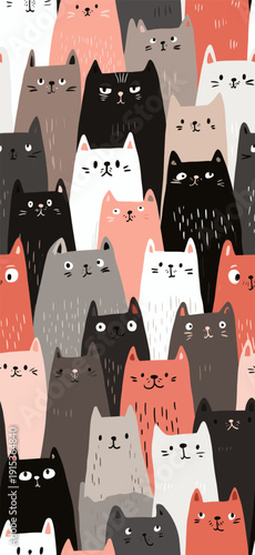 Cute cat pattern creating seamless animal background texture. Many cute cats with different expressions forming a seamless animal pattern