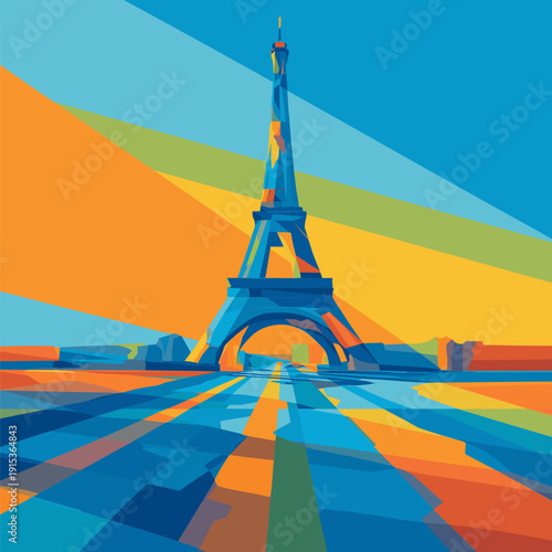 Eiffel Tower geometric abstract vibrant colors illustration. Eiffel Tower appearing in a minimalist geometric flat design illustration with vibrant colors