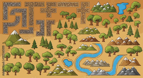 Vector cartoon game assets collection featuring green trees, snowy mountains, blue rivers, lakes, and textured stone paths on a brown map background.