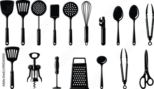 Kitchen utensils silhouette collection featuring spatula, whisk, spoons, grater and tongs, cooking tools set, black and white vector illustration
