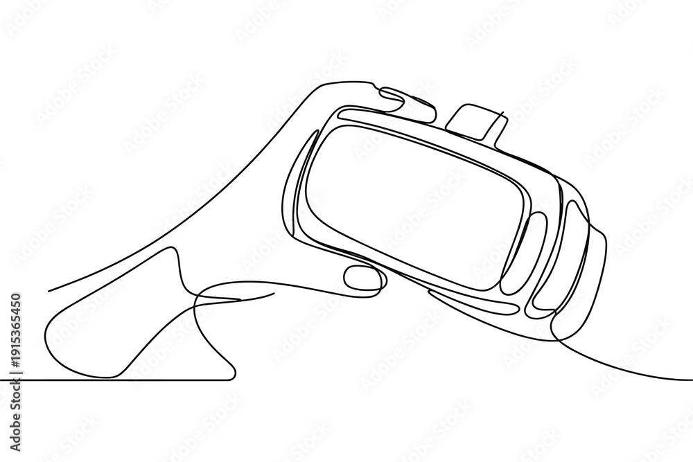 Fototapeta premium Hand holding VR headset continuous line art white background modern technology concept