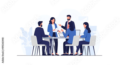 Business Team Discussion and Collaboration Around Table Flat Vector Illustration.