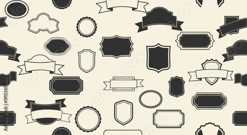 Seamless pattern of vintage labels, ribbons, and badges for design.