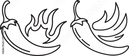 Spicy Chili Peppers with Flames, Outline Vector Icons - Symbolizing Heat, Flavor, and Mexican Cuisine