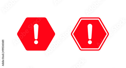 Red hexagon warning icon. Exclamation alert symbol. Caution mark and hazard sign
