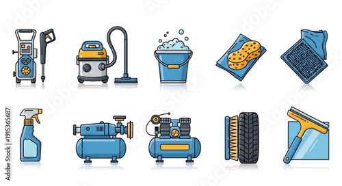 Cleaning Supplies and Equipment Icons Set.