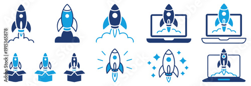 rocket startup icon set vector