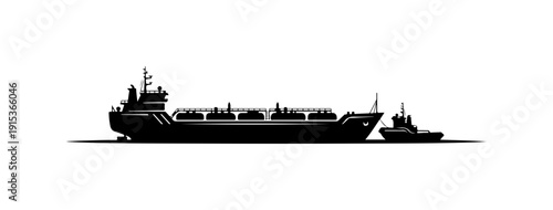 Large Cargo Ship and Tugboat Vector Illustration