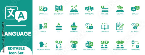 Language Solid icon set. dictonary, global, diversity, grammar, vocabulary, writing,  non, translate, language, listening, speaking, and editable icons.