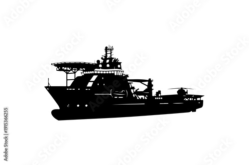 Modern Offshore Supply Vessel - Black and White Vector Illustration
