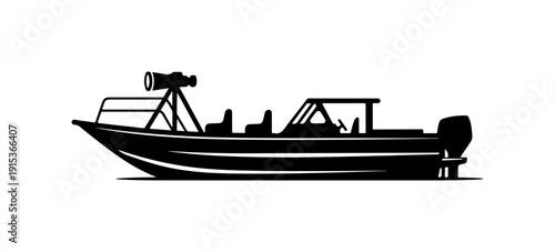 Black and White Vector Illustration of a Small Motorboat with Spotlight
