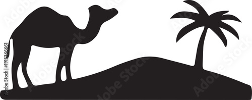 Black silhouette of camel standing on dune with palm tree