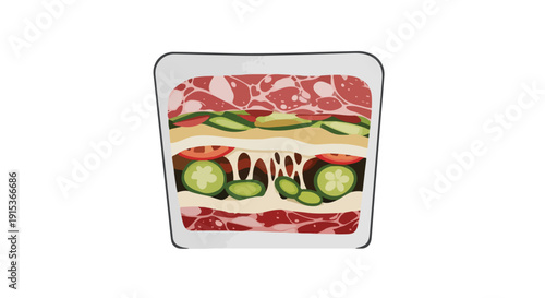 Detailed cross-section illustration of a delicious layered sandwich, showcasing fresh deli meats, melted cheese, crisp cucumbers, and ripe tomatoes.