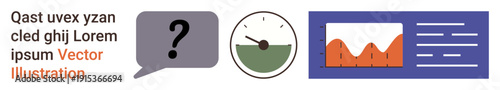 Data analysis, business performance, decision making, statistics, infographics, information. Speech bubble with question mark, speedometer and data graph. Data analysis and decision-making