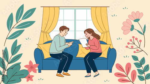 A warm, flat-style digital illustration of a young couple sharing a cozy moment indoors.