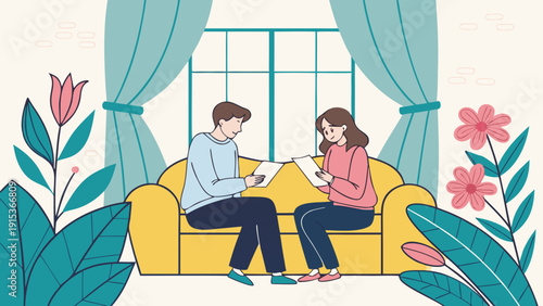 Two people sitting together on a bright yellow couch, calmly reviewing papers in a cozy indoor space. Light streams in through a large window with teal curtains, while colorful plants frame the scene.