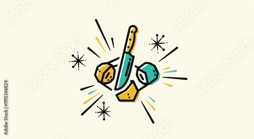 Dynamic minimalist illustration of a sharp knife slicing a fresh coconut into vibrant pieces, surrounded by energetic starbursts, symbolizing cooking and food preparation.