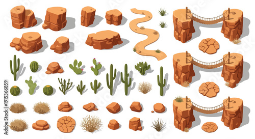 Isometric vector desert landscape elements set with orange sandstone rocks, green cacti, dry bushes, and a winding dirt path, isolated on white background.