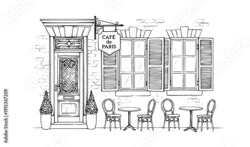 Hand Drawn Old Town Cafe Scene – Vintage City Coffee House Illustration Isolated on White