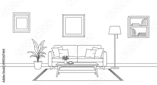 Living room interior sketch with sofa and plant.