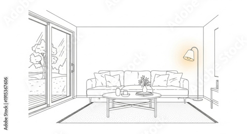Living room sketch with modern furniture and large window.