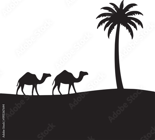 Black silhouette of two camels walking beside a palm tree