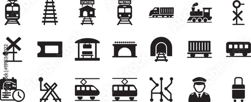 Railway line icon set with train, track and station symbols. Editable stroke vector EPS file.