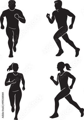 Silhouette of a girl and man run in different posese , front of view , clear angels, clear body and cuts in black and white silhouette vector with transparent background 