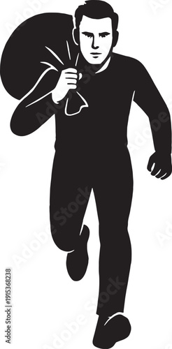  silhouette of a man carry a bundle on his shoulder , front of view , clear angels, clear body and cuts in black and white silhouette with transparent background 