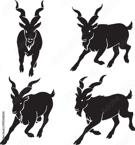 silhouette of a markhor run in different poses , front of view , clear angels, clear body and cuts in black and white silhouette with transparent background