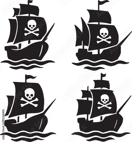  silhouette of a pirate ships , different poses and styles , front of view , clear angels in black and white silhouette with transparent background